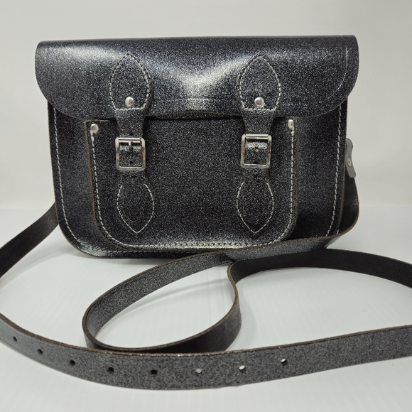 Cambridge Satchel Leather Crossbody Bag Graphite Black Metallic Glitter Sparkle - Picture 3 of 15